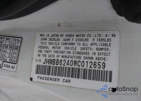 1998 Honda Prelude z USA, uszkodzony, nr VIN JHMBB6240WC012659